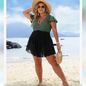 Plus Size Swim dress‎ One Piece Tummy Control Ruffle Sleeve Sz xl black/green